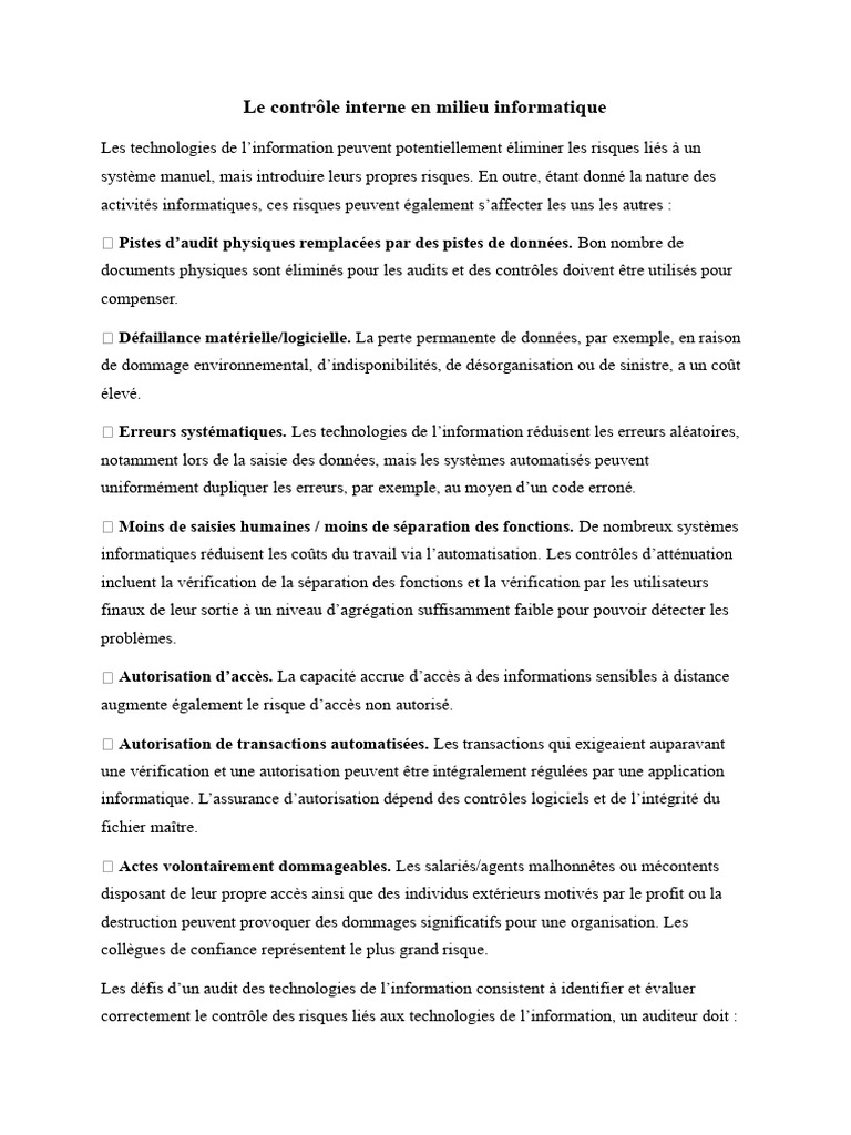 Contrôle interne en informatique : enjeux et défis | PDF | Informatique ...