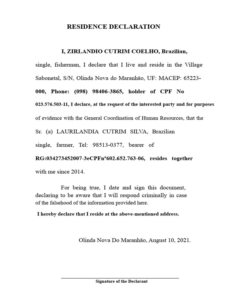 Residence Declaration of ZIRLANDIO COELHO | PDF