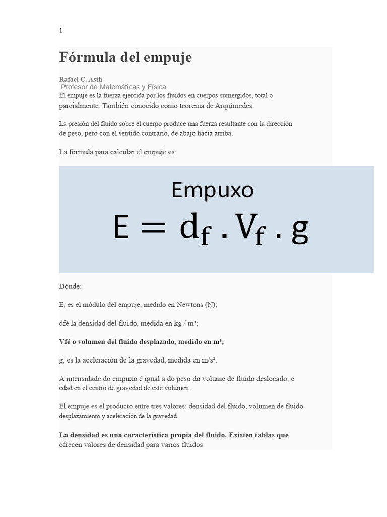 Fórmula y Ejemplos del Empuje en Fluidos | PDF | Densidad | Gravedad