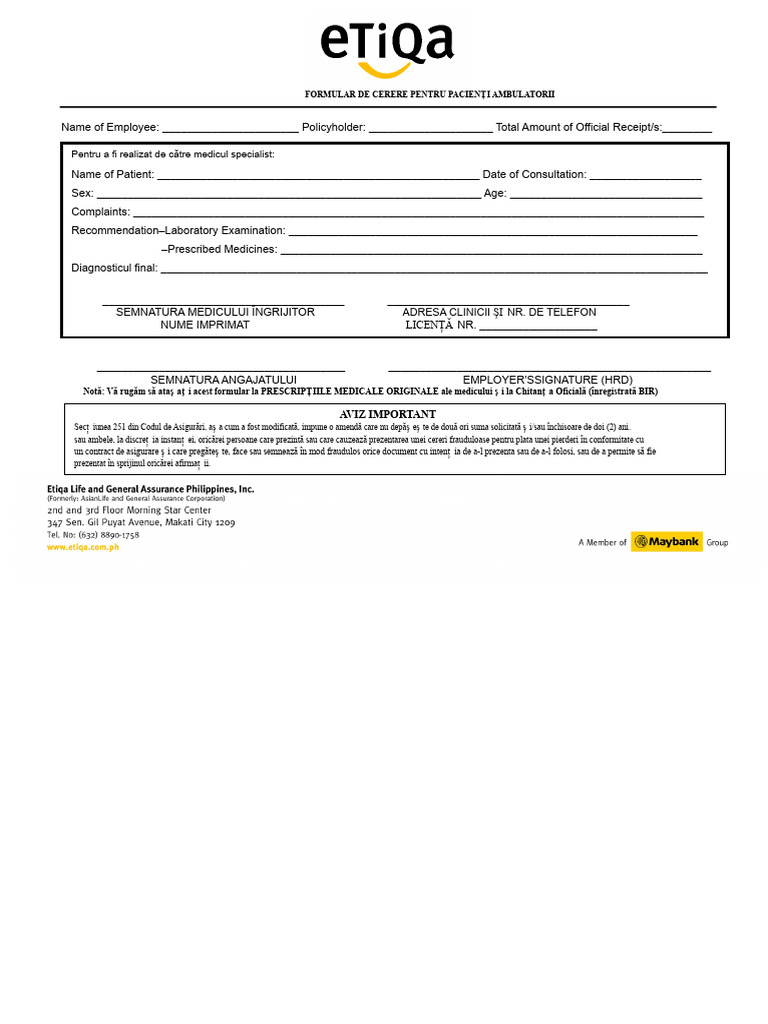 FORMULAR DE CERERE PENTRU ÎNȚELESURI OUT PATIENT Etiqa | PDF