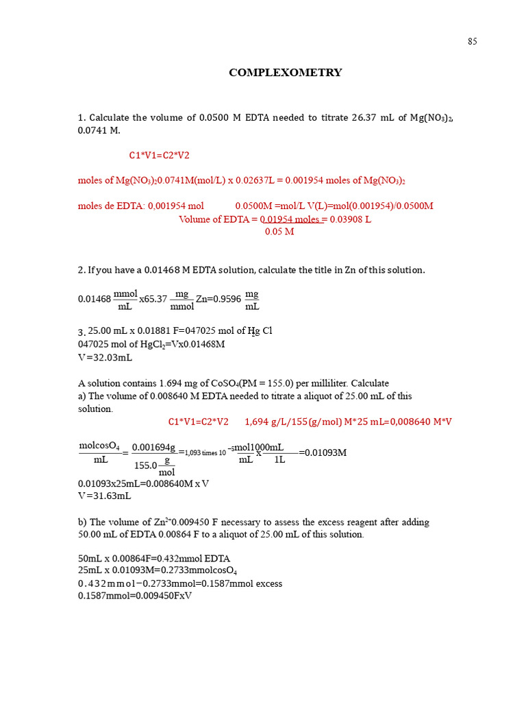 Complexometric Titration Calculations | PDF | Titration | Chemistry