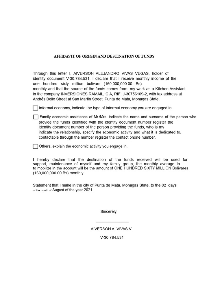 Sworn Statement of Origin and Destination of Funds BDV | PDF
