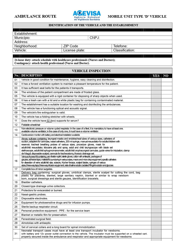Ambulance Vehicle Inspection Checklist | PDF | Clinical Medicine ...