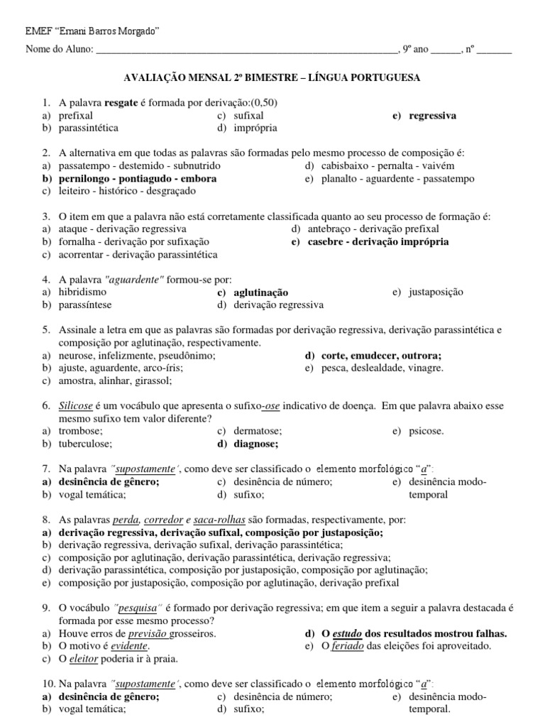 Sobre Exercicios De DerivaçãO Prefixal E Sufixal Com Gabarito 7 Ano ...