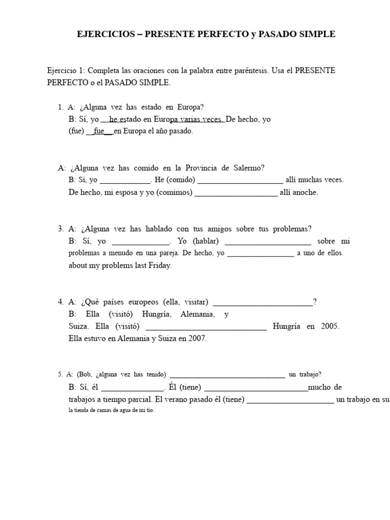 Ejercicios de Presente Perfecto y Pasado Simple | PDF