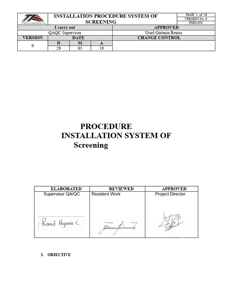 Screening System Installation Procedure | PDF | Electricity | Switch