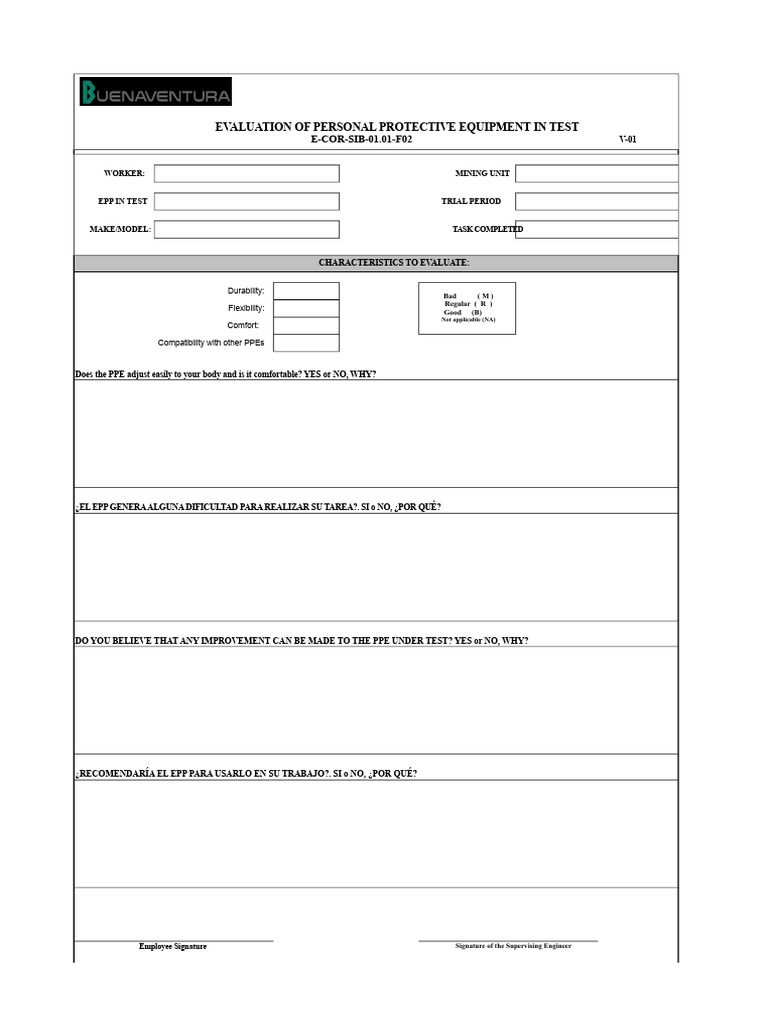 E-COR-SIB-01.01-F02 PPE Evaluation Format in Test.xls | PDF