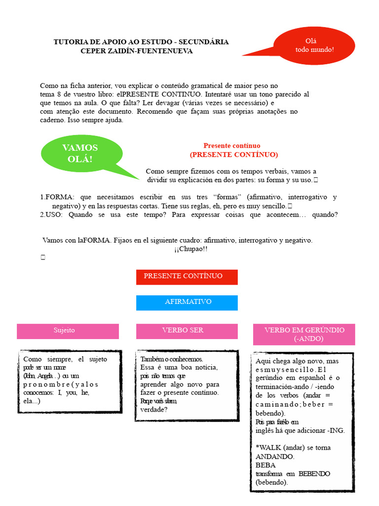 Guia do Presente Contínuo em Espanhol | PDF | Assunto (gramática ...