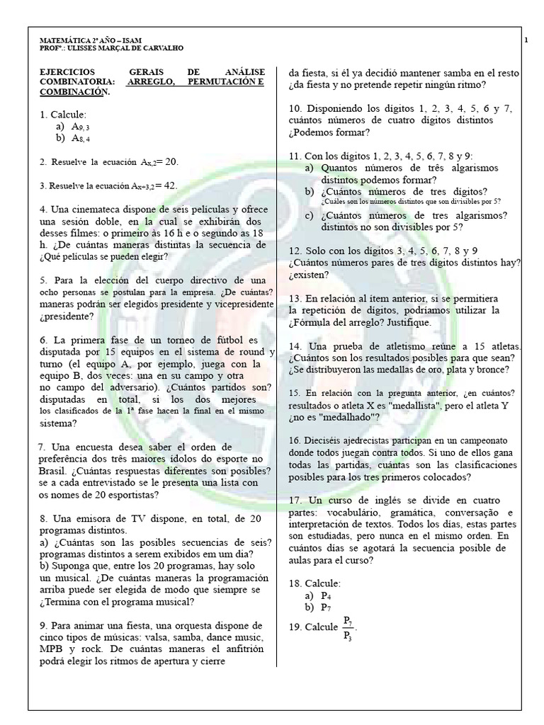 Ejercicios de Combinatoria y Permutaciones | PDF | Matemáticas