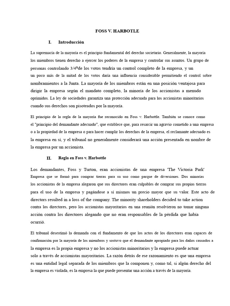 Principio de la mayoría en Foss v. Harbottle | PDF | Grupo minoritario ...