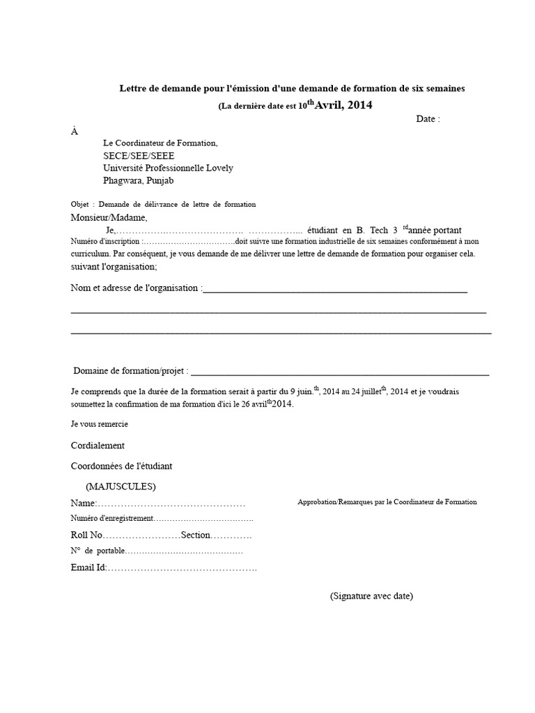Demande de lettre de formation B. Tech | PDF
