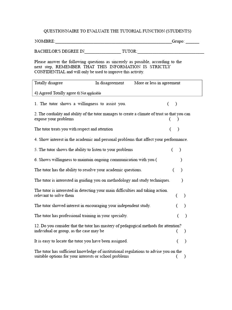Tutor Evaluation Questionnaire | PDF | Learning | Cognition