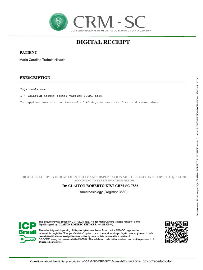 Digital Prescription for Shingrix Vaccine | PDF