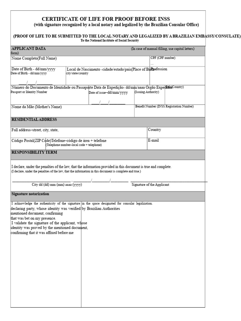 Life Certificate Form 1 INSS | PDF | Identity Document | Notary Public