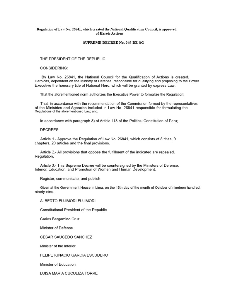 SUPREME DECREE No. 049-DE-SG, Approving the Regulations of Law No ...