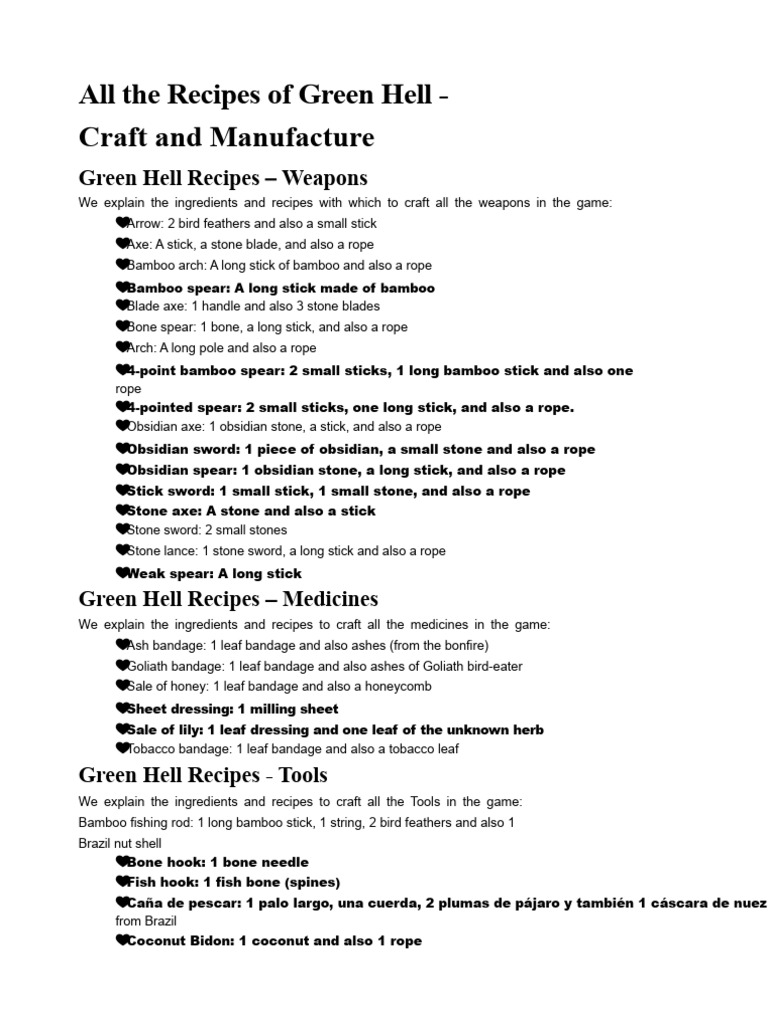 Green Hell Crafting Recipes Guide | PDF