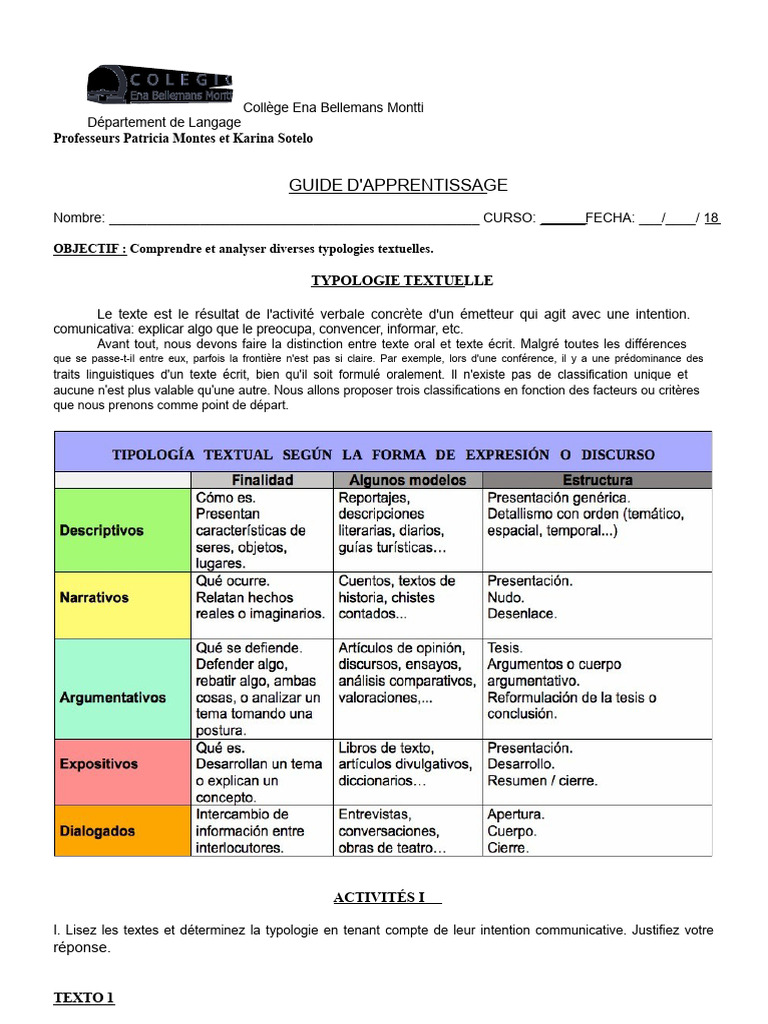 Guide d'apprentissage des typologies textuelles | PDF | Sciences de la ...