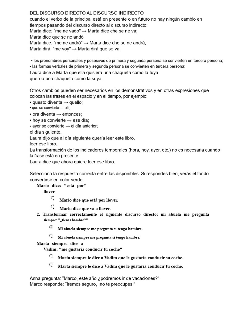 Discurso Directo e Indirecto en Español | PDF | Sintaxis | Morfología ...