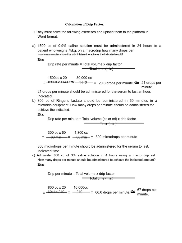 Drip Factor Calculation for IV Solutions | PDF | Saline (Medicine ...