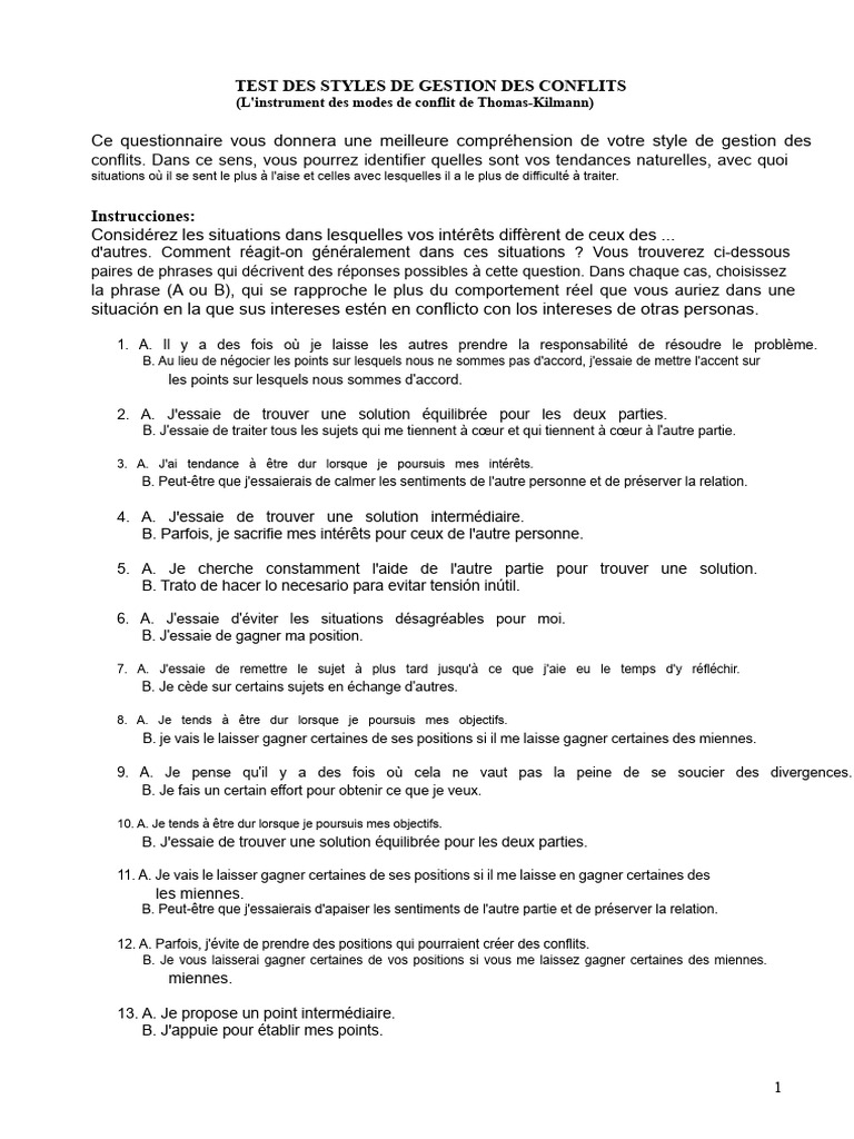 Styles de gestion des conflits : Test Thomas-Kilmann | PDF | Résolution ...