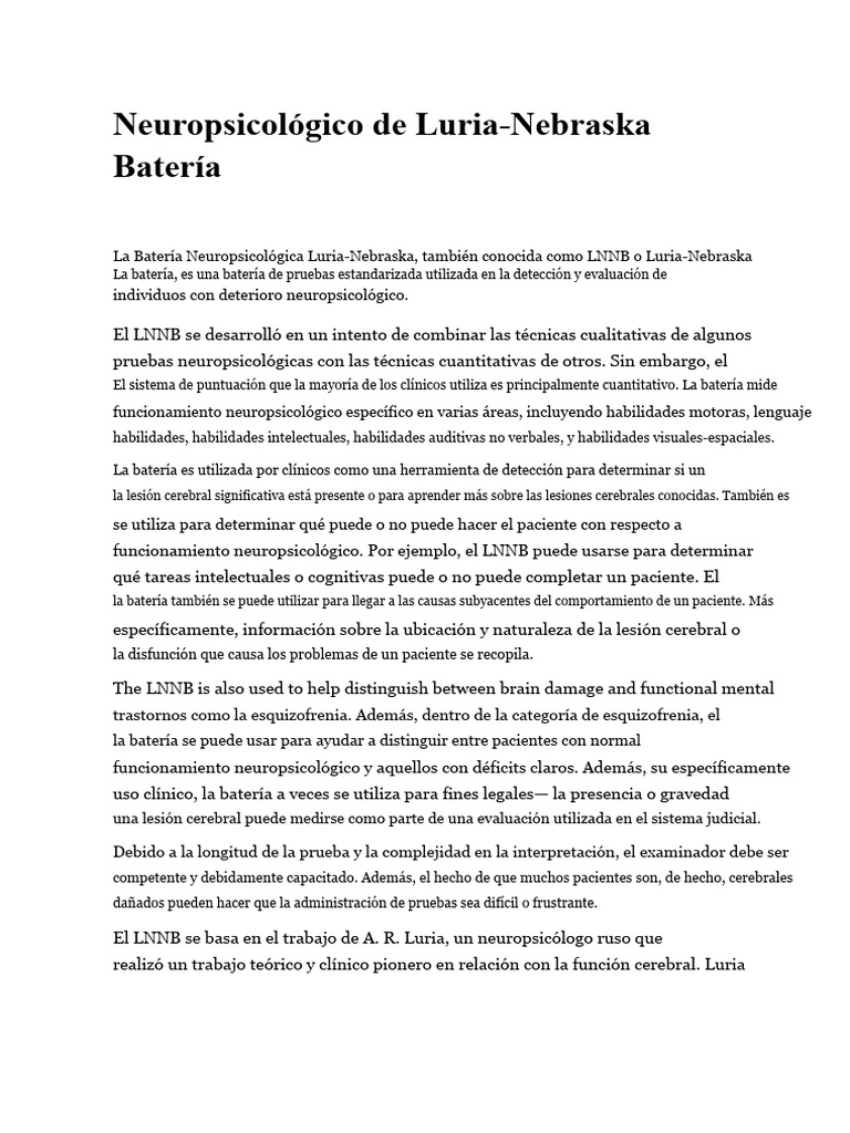 Evaluación Neuropsicológica Luria-Nebraska | PDF | Neuropsicología ...