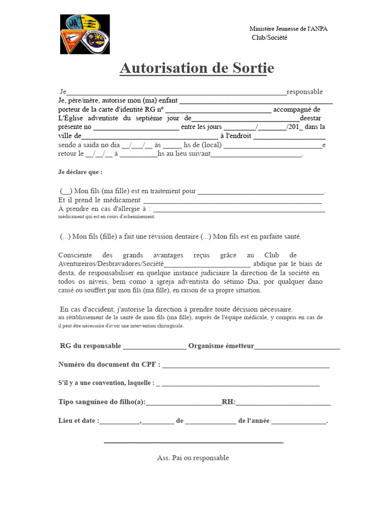 Autorisation de Sortie pour Enfant | PDF