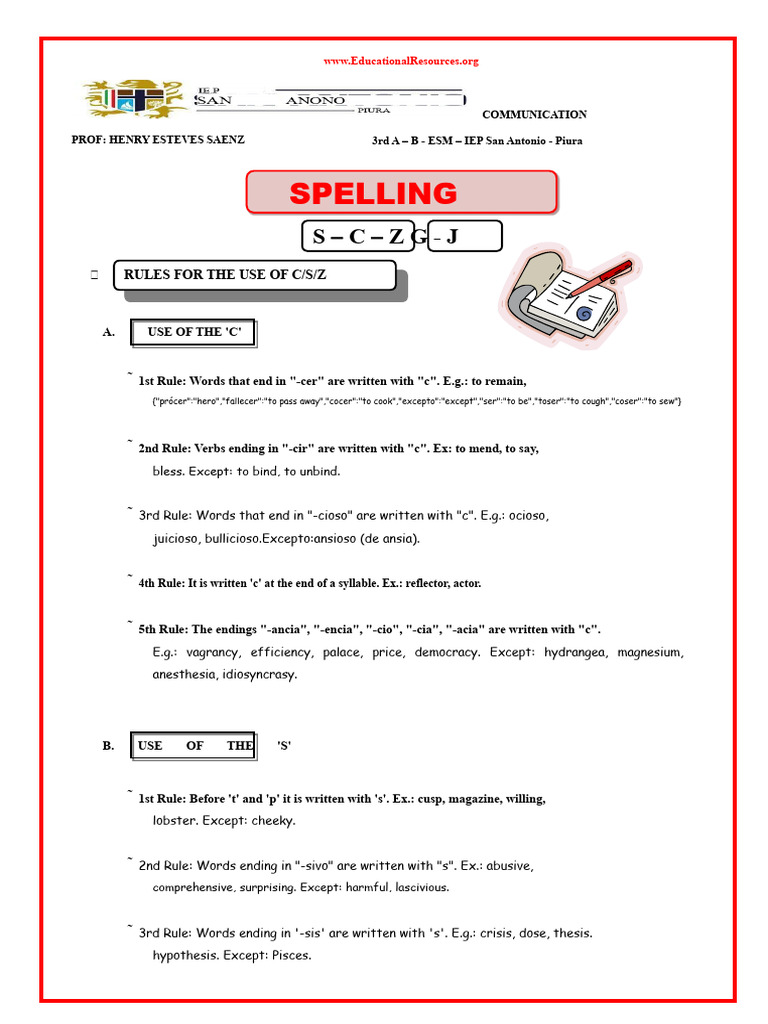 Spelling Rules for C, S, and Z Usage | PDF | Linguistics | Linguistic ...