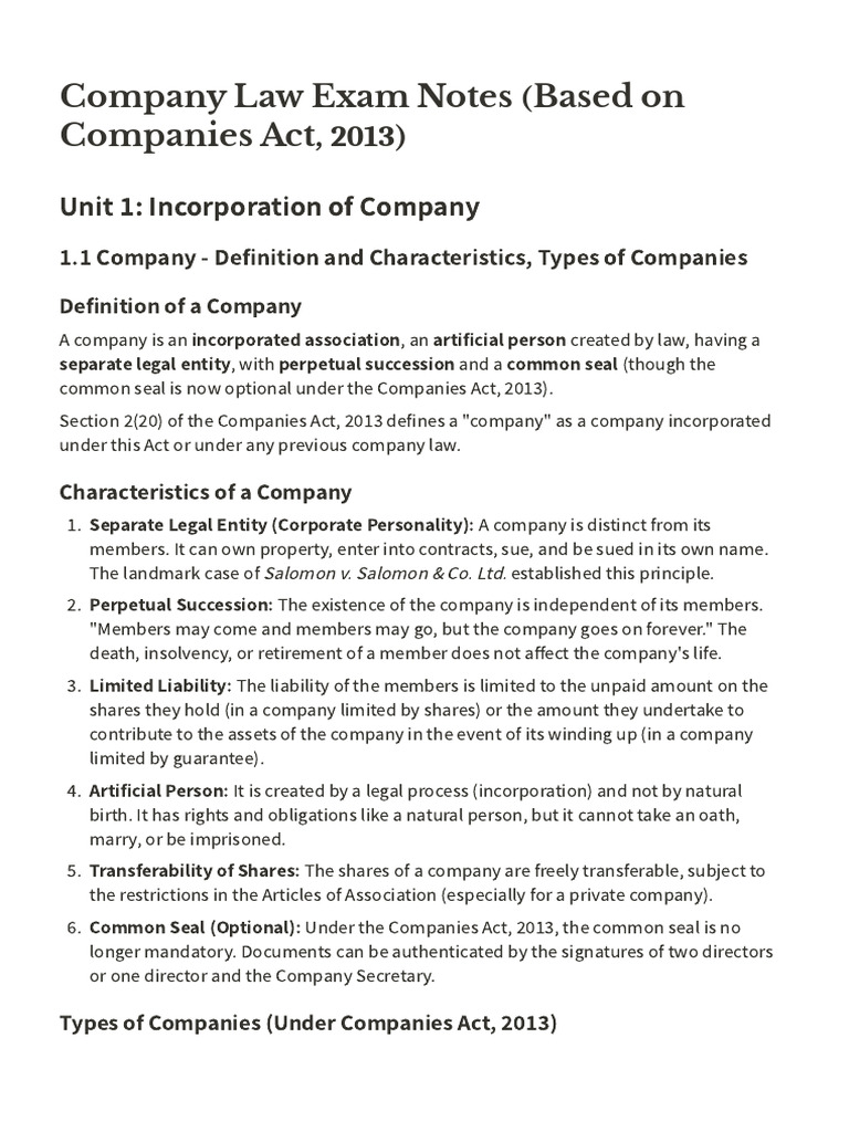 Company Law Notes | PDF | Liquidation | Debenture