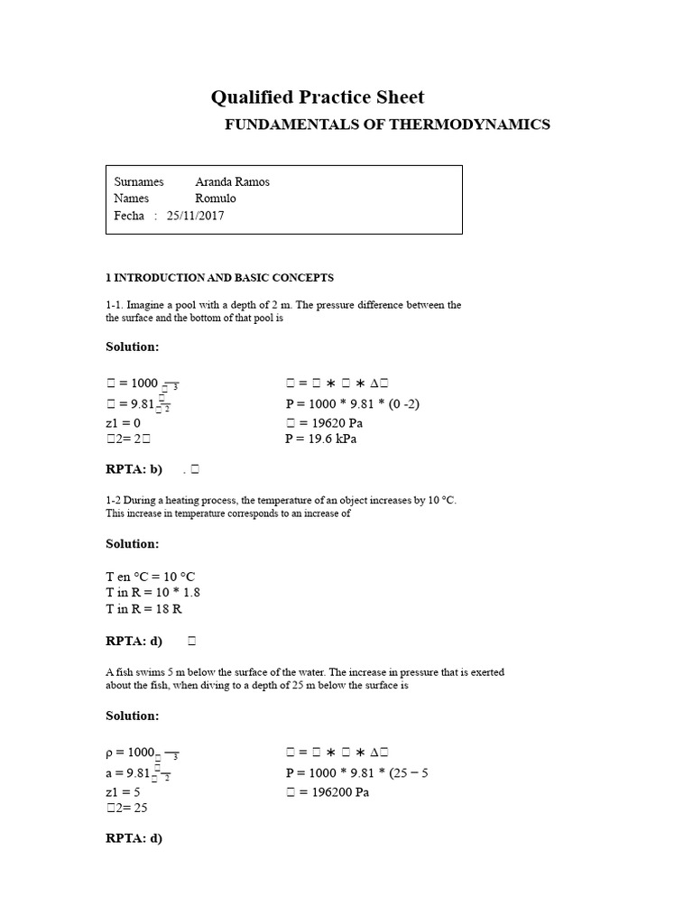 Thermodynamics Practice Problems Guide | PDF | Pressure | Temperature