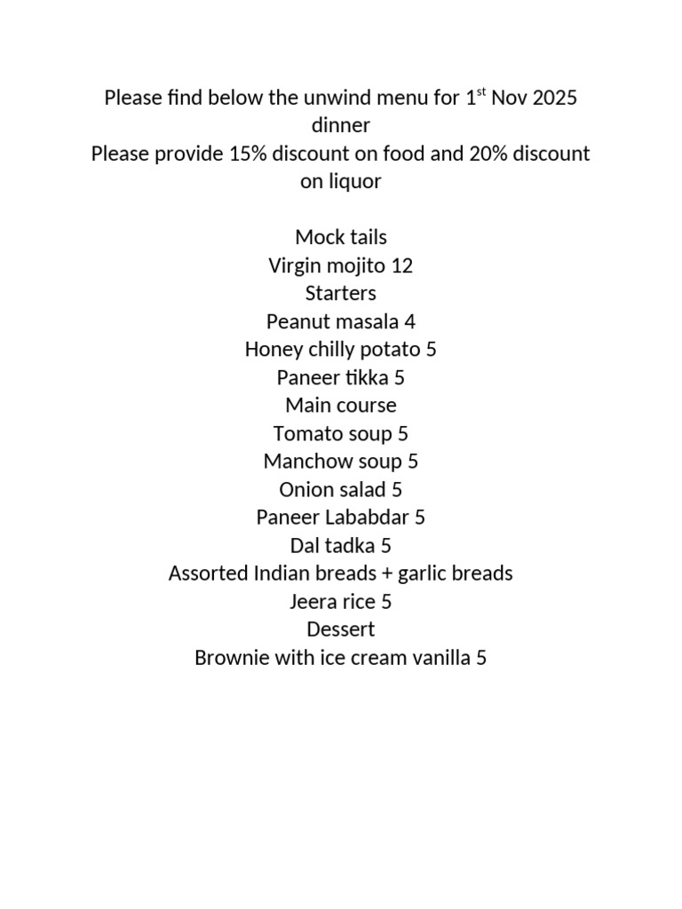 Menu For Unwind | PDF