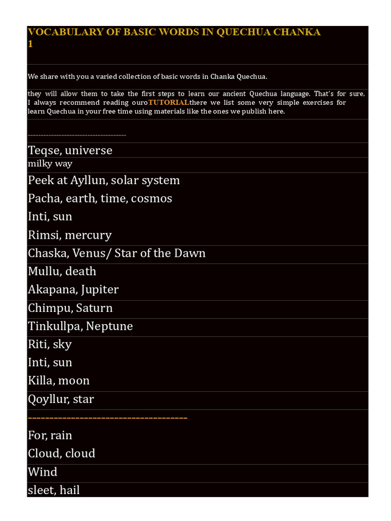 Basic Chanka Quechua Vocabulary Guide | PDF