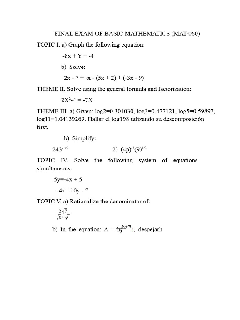 Basic Mathematics Final Exam Guide | PDF