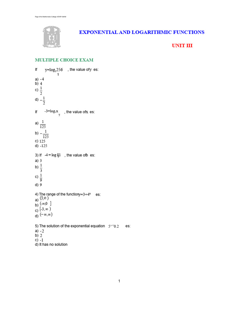 Exponential & Logarithmic Functions Exam | PDF