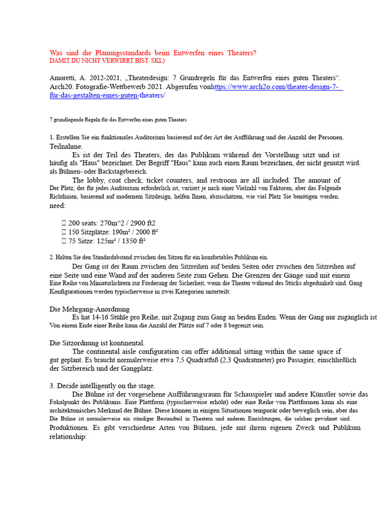 Was Sind Die Planungsstandards Beim Entwerfen Eines Theaters? | PDF
