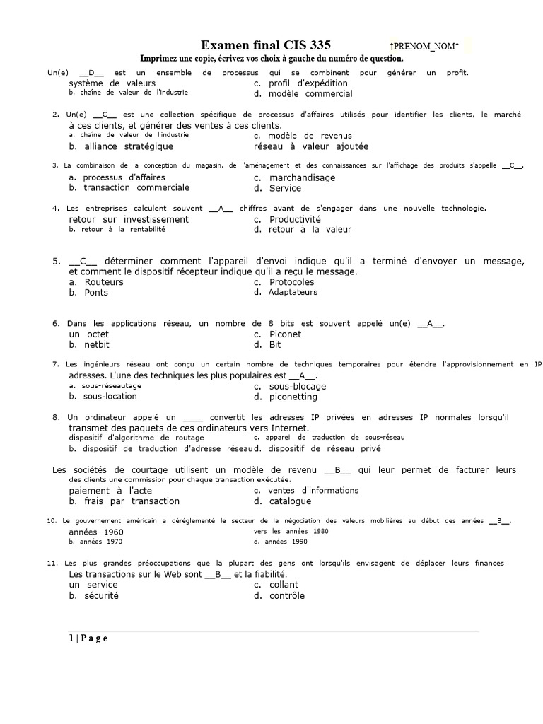 Examen final CIS 335 Automne | PDF | Adresse IP | Internet