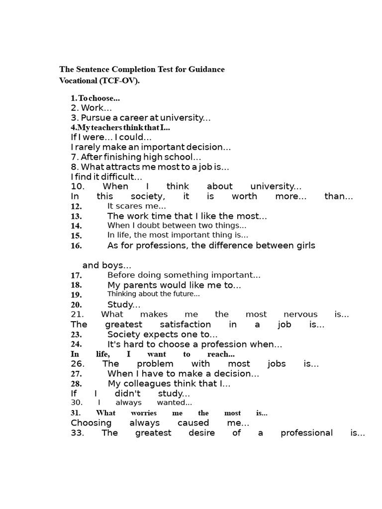 Sentence Completion Test for Career Guidance | PDF