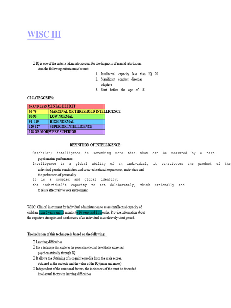 WISC III: IQ Assessment for Children | PDF | Intelligence Quotient ...