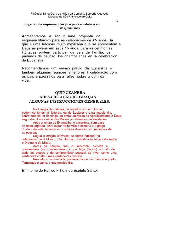 Esquema Litúrgico para Quinceañera | PDF | Eucaristia | Oração
