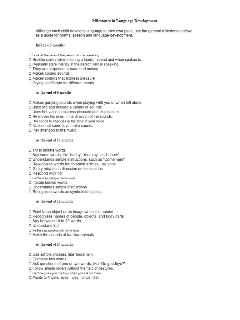 Key Language Development Milestones | PDF | Language Development | Speech