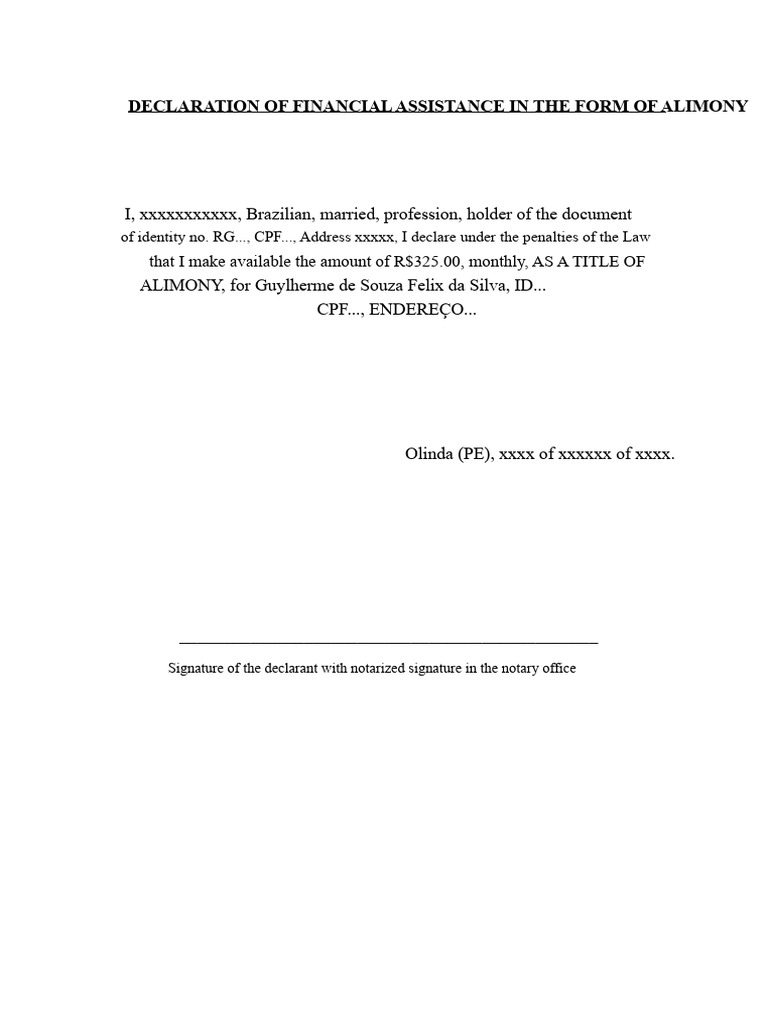Declaration of Financial Assistance in The Form of Alimony | PDF