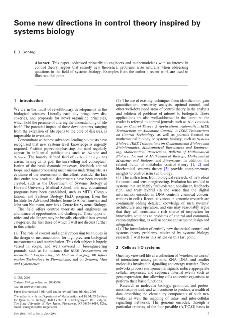 Some New Directions in Control Theory Inspired by Systems Biology | PDF ...