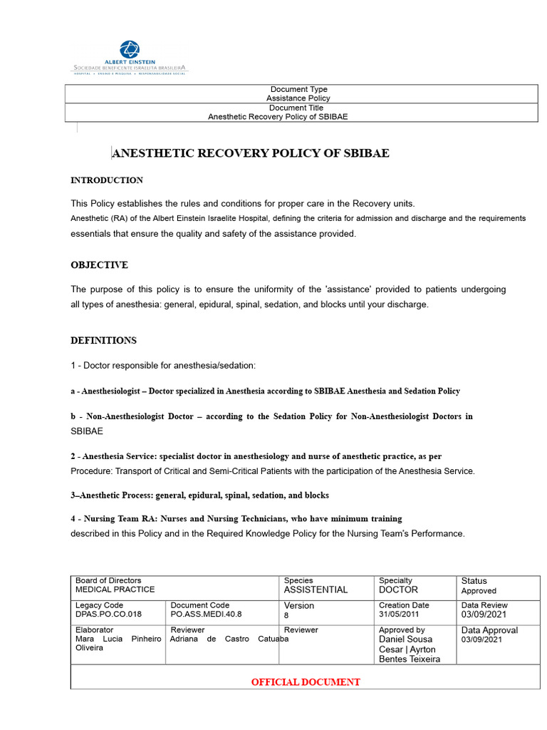 Anesthetic Recovery Guidelines SBIBAE | PDF | Anesthesia | Monitoring ...