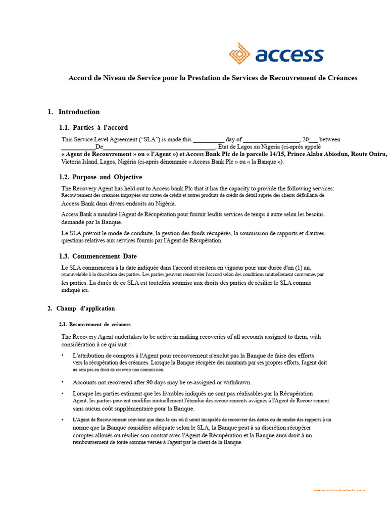 Accord de Service pour Recouvrement de Créances | PDF | Arbitrage | Banques