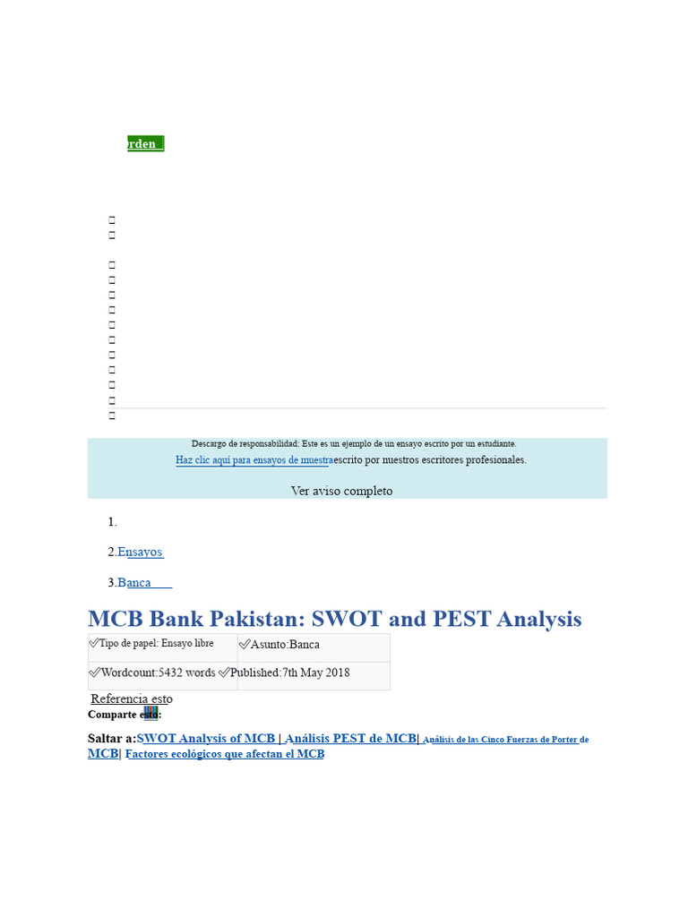 MCB Bank Pakistan: SWOT and PEST Analysis: Orden | PDF | Bancos | Pakistán
