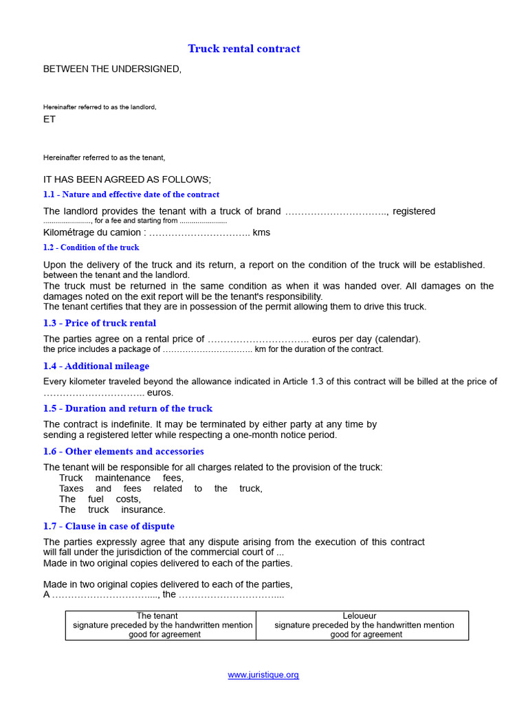 Truck Rental Agreement Template | PDF | Landlord | Private Law