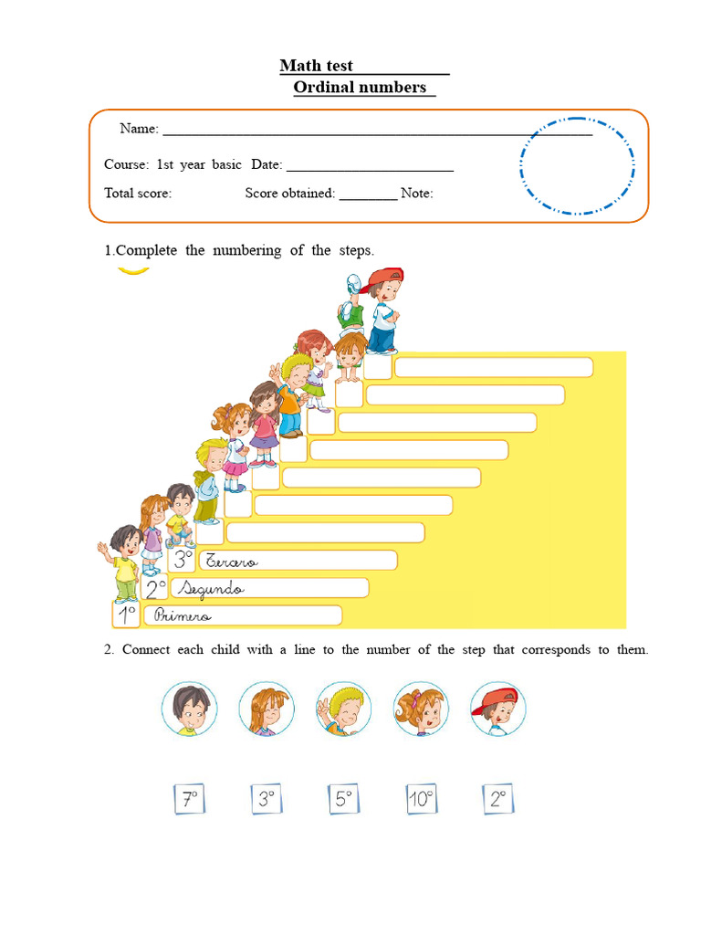 Ordinal Numbers Math Test for 1st Year | PDF