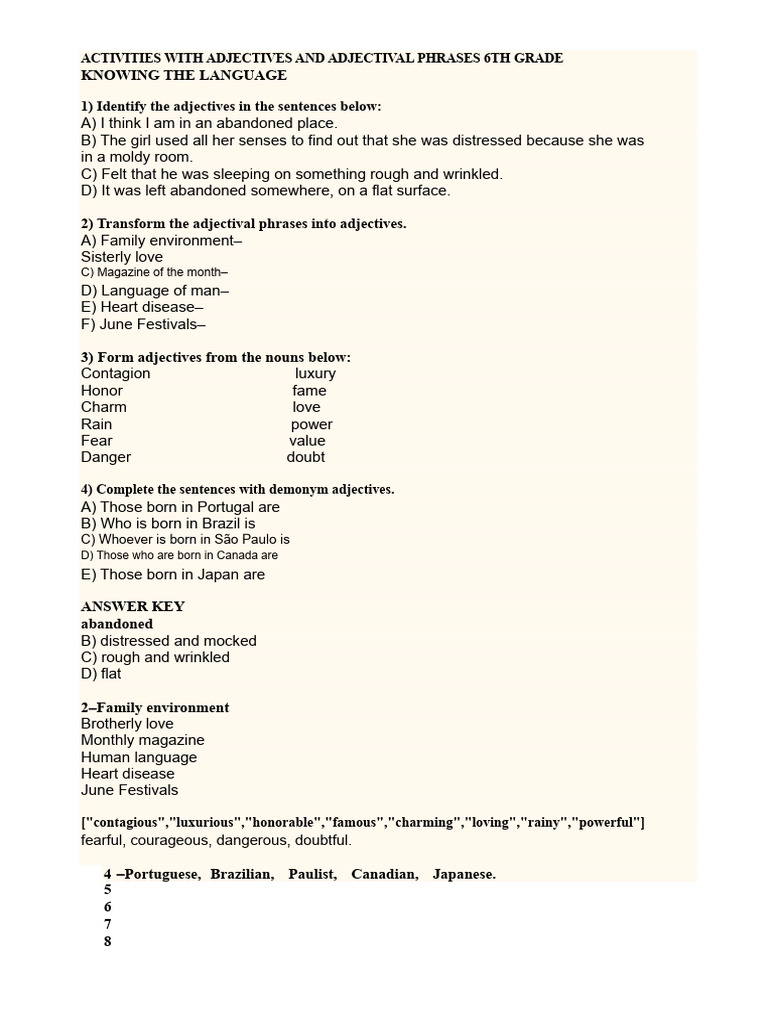 6th Grade Adjective Activities Guide | PDF | Adjective | Grammar