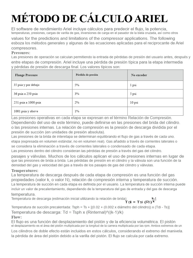 Cálculo de Rendimiento en Compresores Ariel | PDF | Gases | Temperatura