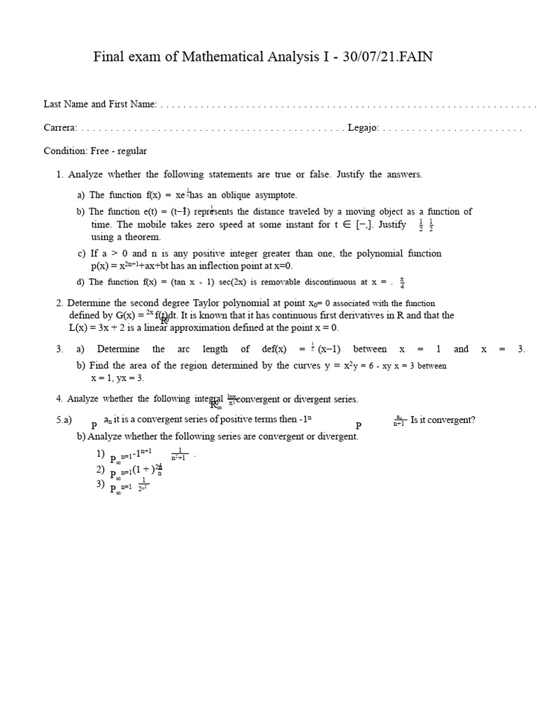 Mathematical Analysis I Final Exam Review | PDF | Function (Mathematics ...