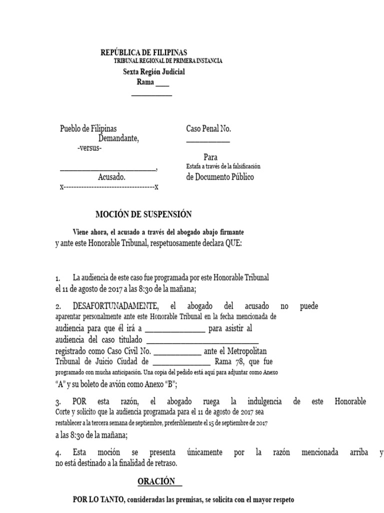 Moción de Suspensión en Estafa Filipina | PDF | Justicia | Crimen y ...